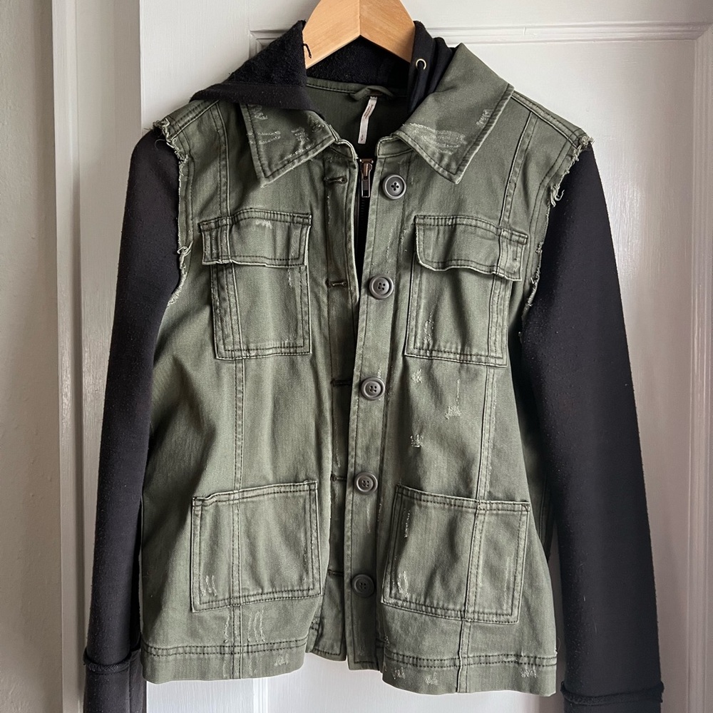 Free People Army Green Jean Jacket w/ Black Sweater Sleeves